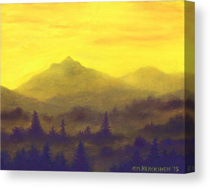 Misty Canvas Print featuring the pastel Misty Mountain Gold 01 by Michael Heikkinen