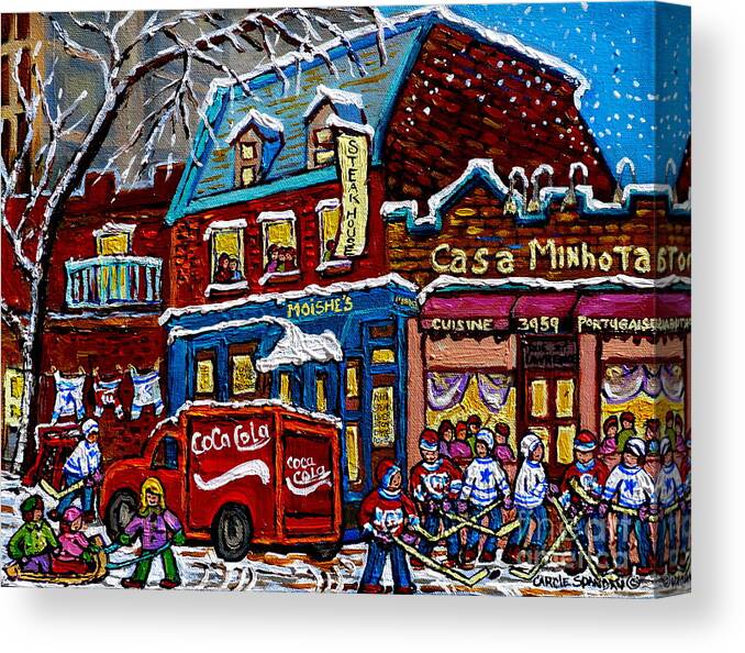Moishes Steakhouse Canvas Print featuring the painting Moishe's On The Main Montreal Memories Street Hockey Art Snowy Canadian Winter Painting C Spandau by Carole Spandau