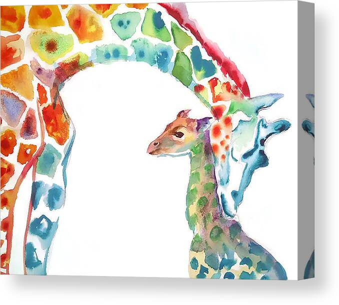Giraffe Canvas Print featuring the painting Mommy and Baby Giraffe by Emma Kaufmann