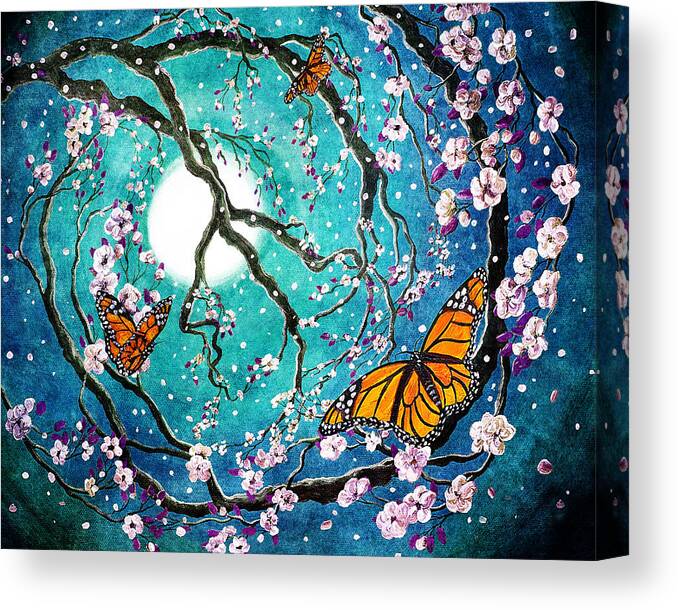 Fantasy Canvas Print featuring the digital art Monarch Butterflies in Teal Moonlight by Laura Iverson