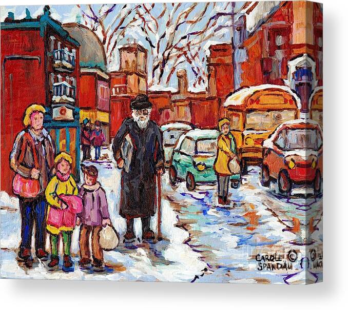 Montreal Canvas Print featuring the painting Montreal Painting St Viateur Winter Scene For Sale Rabbi With Torah Mom And Kids Schoolbus C Spandau by Carole Spandau