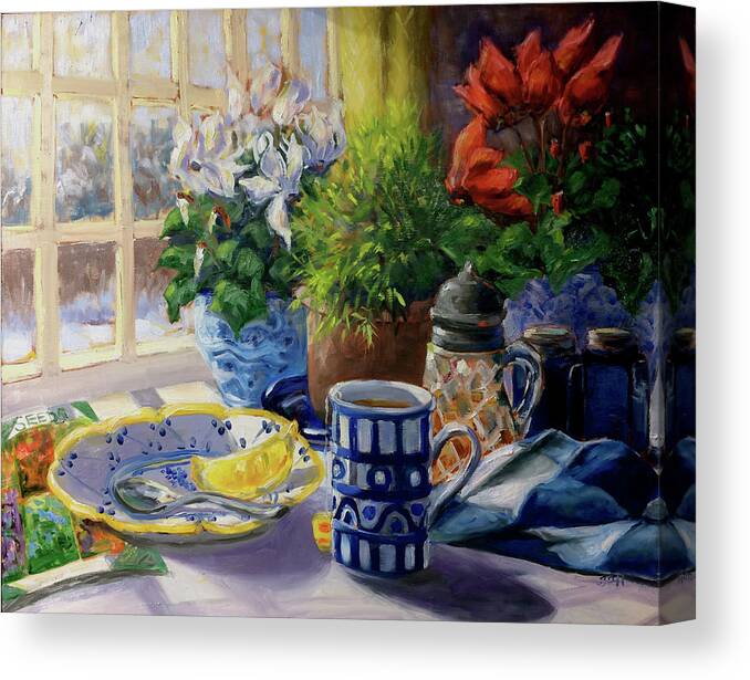 Tea With Lemon Canvas Print featuring the painting Morning Tea In The Winter Garden by Barbara Hageman