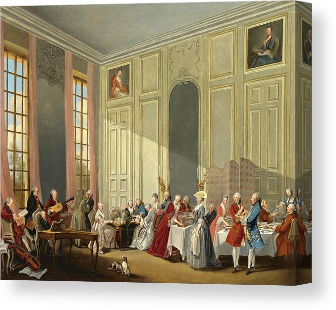 Michel-barthelemy Ollivier Canvas Print featuring the painting Mozart Giving A Concert In The Salon Des Quatre-Glaces Au Palais Dutemple by Michel-Barthelemy Ollivier
