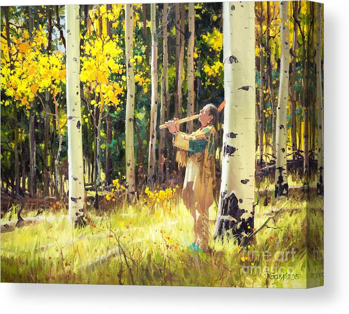 Native Sound Forest Indian Native American Flute Music Musician Artist Gary Kim Aspen Trees Oil Painting Canvas Nature Scenes Healing Environment Patient Santa Fe Fall Trees Autumn Season Beautiful Beauty Yellow Red Orange Fall Leaves Foliage Autumn Leaf Color Mountain Original Art Horizontal Landscape National Park America Morning Nature Wallpaper Outdoor Panoramic Peaceful Scenic Sky Sun Travel Vacation View Season Bright Autumn National Park America Landscape Natural New Painting Vibrant Canvas Print featuring the painting Native Sound in the Forest by Gary Kim