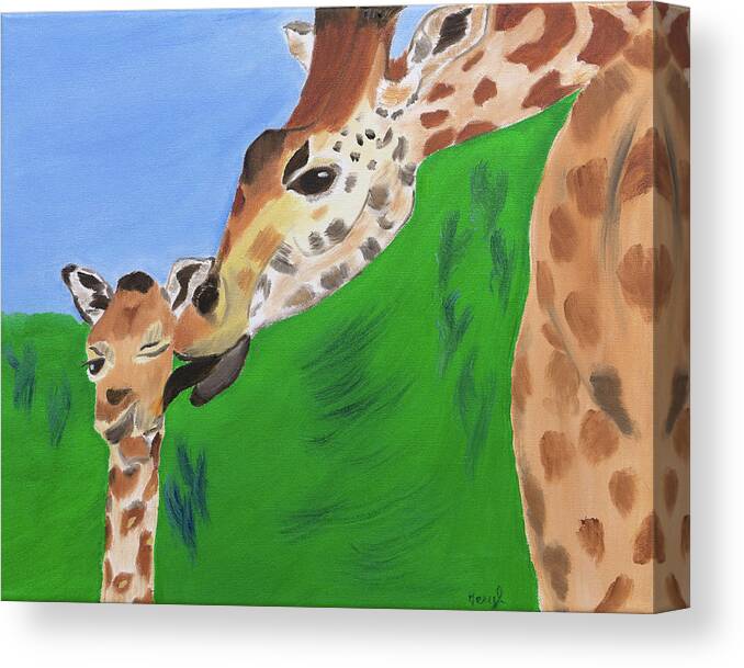 Giraffes Canvas Print featuring the painting Awww Gee Mom by Meryl Goudey