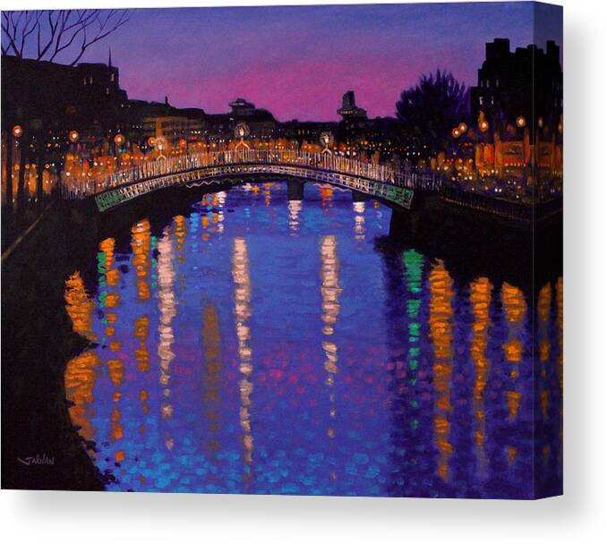 Dublin Canvas Print featuring the painting Nighttown Ha Penny Bridge Dublin by John Nolan