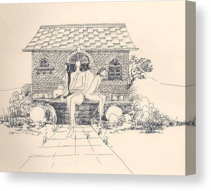 Nudes Canvas Print featuring the drawing Nudes some rocks and a cottage by Padamvir Singh