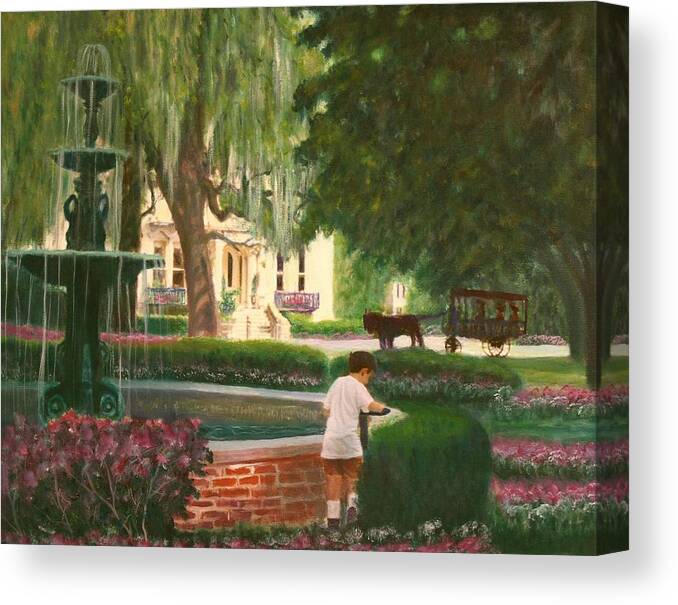 Savannah; Fountain; Child; House Canvas Print featuring the painting Old And Young Of Savannah by Ben Kiger