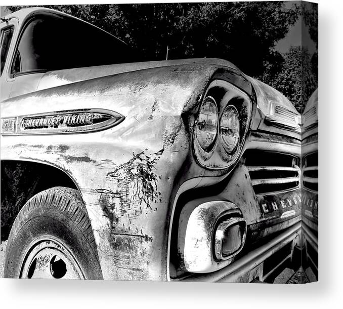 Truck Canvas Print featuring the photograph Old Chevy Truck -black and white photograph by Ann Powell