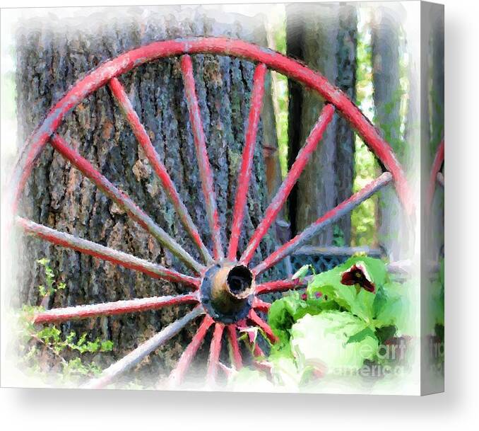 Wagon Wheel Canvas Print featuring the painting Old Red Wooden Wagon Wheel by Smilin Eyes Treasures