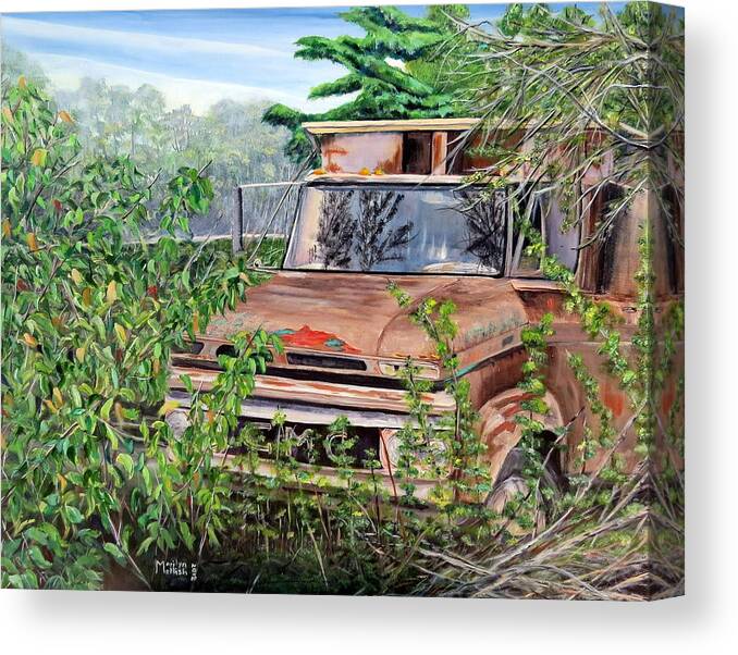 Old Truck Canvas Print featuring the painting Old truck rusting by Marilyn McNish