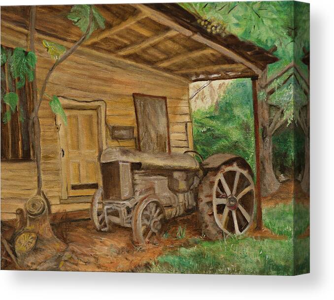 Old Time Tractor Shed Canvas Print featuring the painting Oldtime tractor by Kathy Knopp