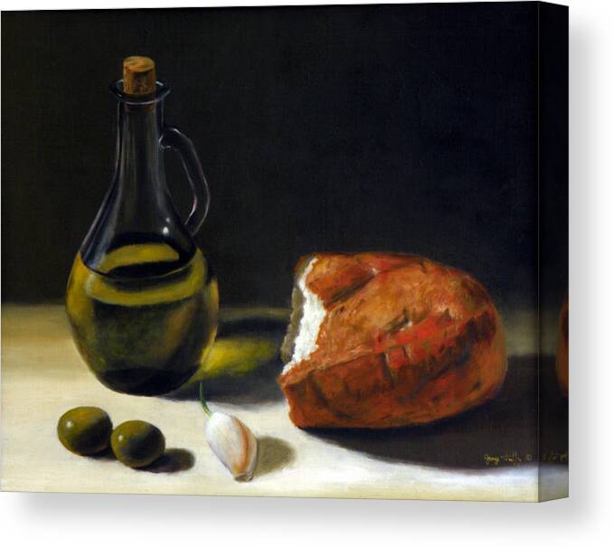 Still Life Canvas Print featuring the painting Olive oil and bread by George Tuffy