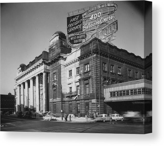 Passenger Trains Canvas Print featuring the photograph Outside Chicago Passenger Terminal -1959 by Chicago and North Western Historical Society