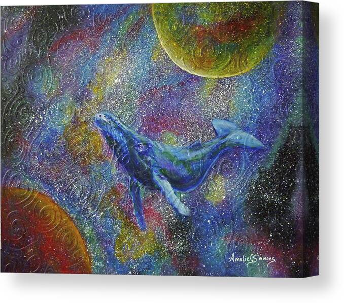 Whale In Space Canvas Print featuring the painting Pacific Whale in Space by Amelie Simmons