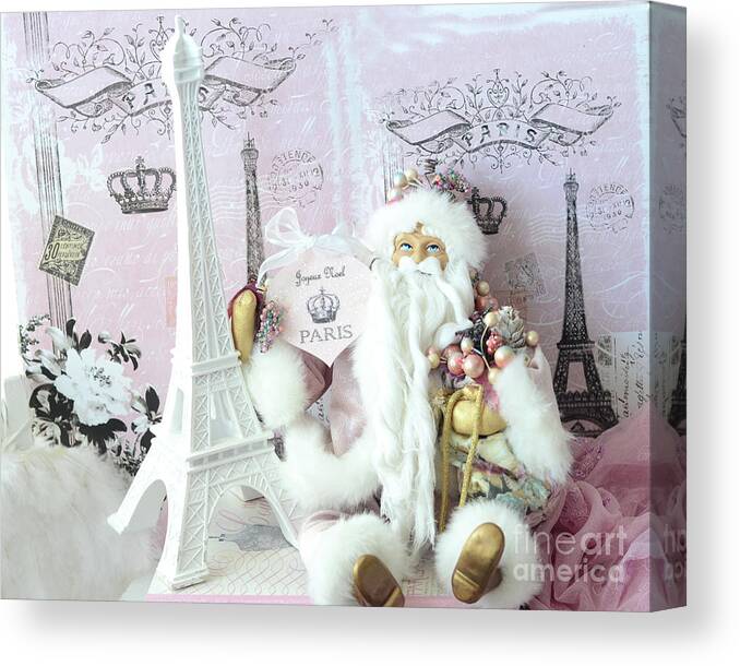 Paris Santa Claus Prints Canvas Print featuring the photograph Paris Shabby Chic Holiday Santa - Paris Pink Santa Claus Joyeux Noel - Pink Santa Eiffel Tower Print by Kathy Fornal