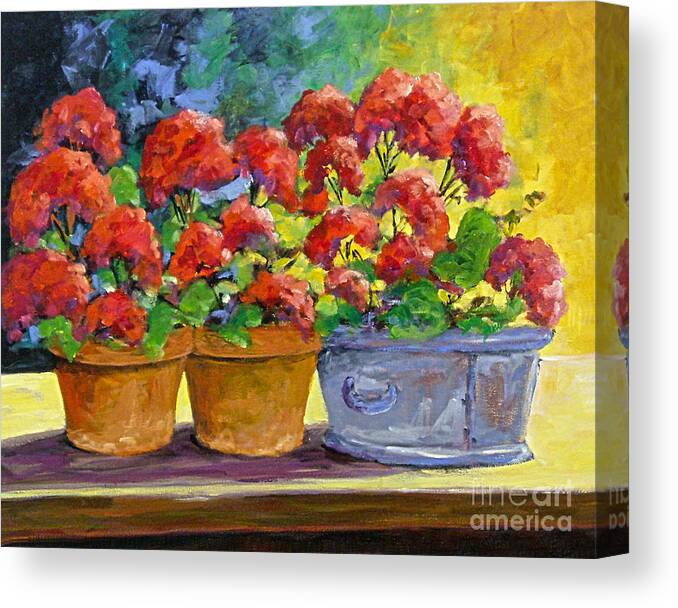 Still Life; Geraniums; Flowers; Terra Cotta; Red; Blue; Yellow; Green; Pranke; Canvas Print featuring the painting Passion In Red by Richard T Pranke