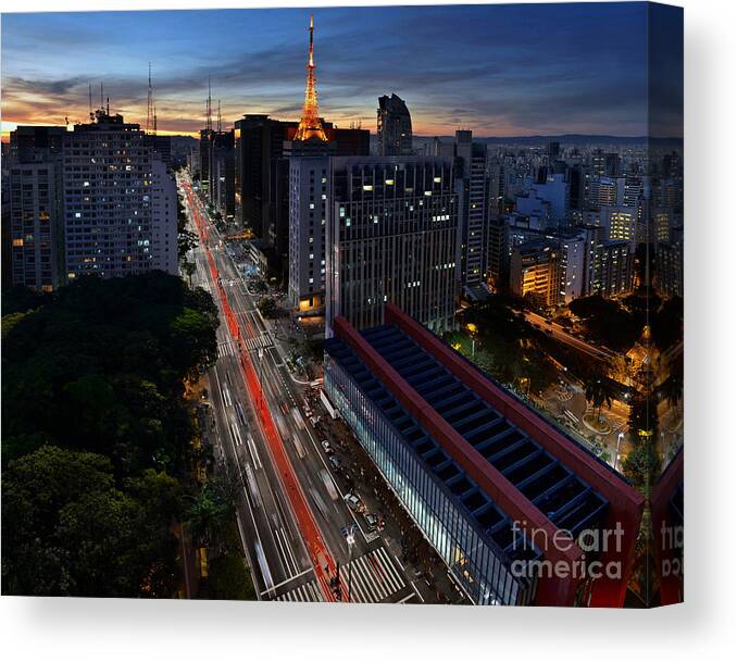 Brazil Canvas Print featuring the photograph Paulista Avenue and MASP at Dusk - Sao Paulo - Brazil by Carlos Alkmin