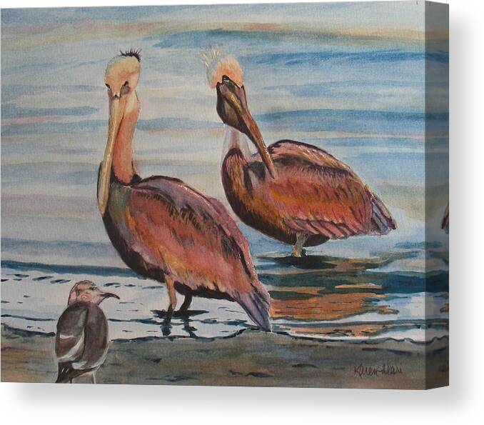 Pelicans Canvas Print featuring the painting Pelican Party by Karen Ilari