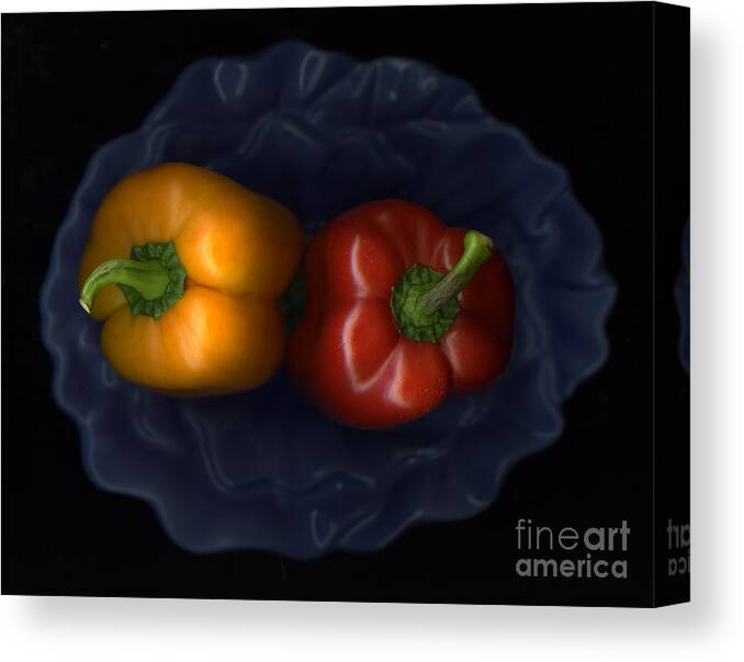 Slanec Canvas Print featuring the photograph Peppers And Blue Bowl by Christian Slanec