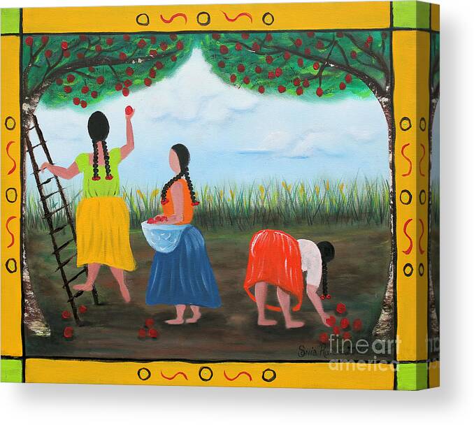 Summer Canvas Print featuring the painting Picking Apples by Sonia Flores Ruiz