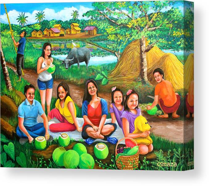 Picnic Canvas Print featuring the painting Picnic at the Farm by Cyril Maza