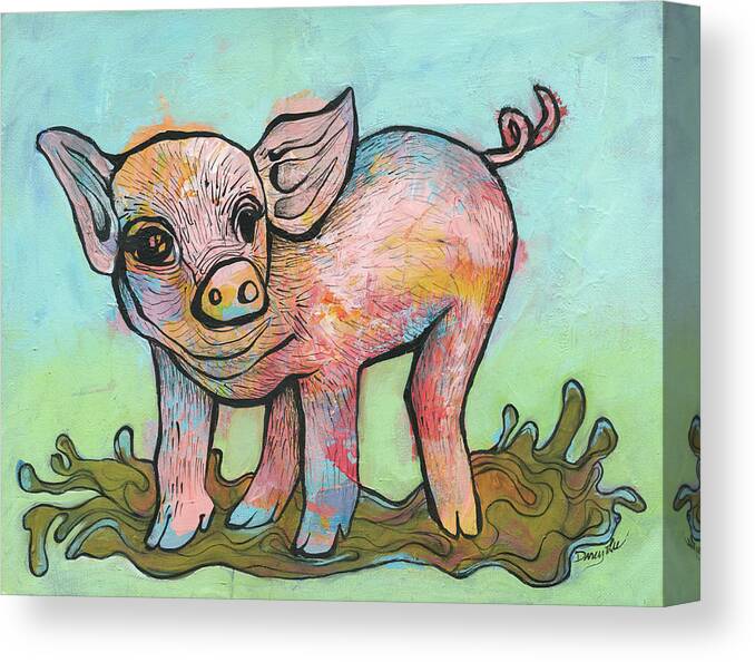 Piglet Canvas Print featuring the painting Playful piglet by Darcy Lee Saxton