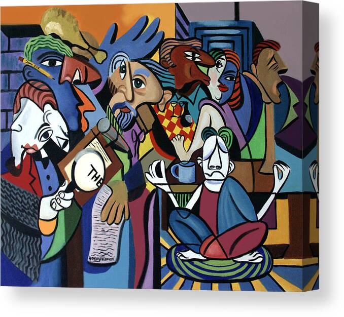 Poets Unleashed Men Talking Reading Yoga Coffee Chicken The Cubism Cubestraction Bench Impressionist Expressionism Large Giclee Canvas Print Poster Original Oil Painting On Canvas Anthony Falbo Falboart   Canvas Print featuring the painting Poets Unleashed by Anthony Falbo