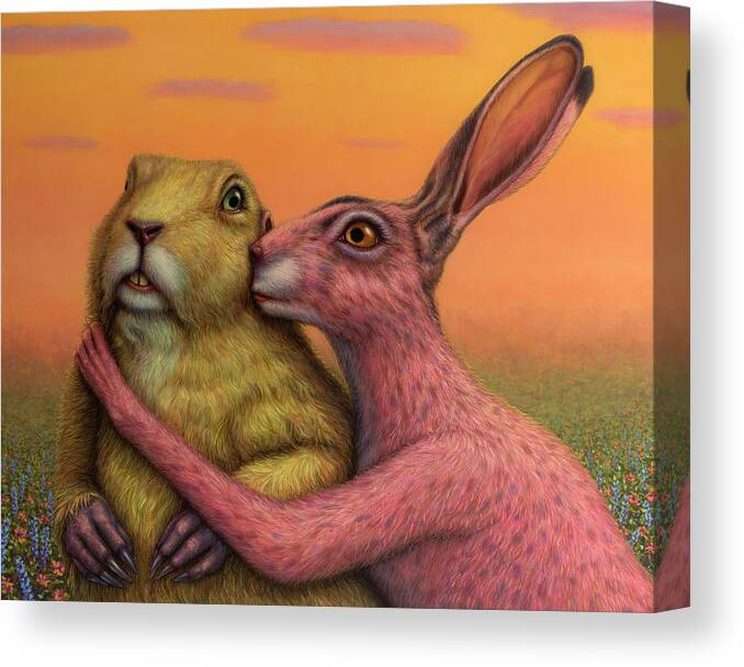 Couple Canvas Print featuring the painting Prairie Dog and Rabbit Couple by James W Johnson