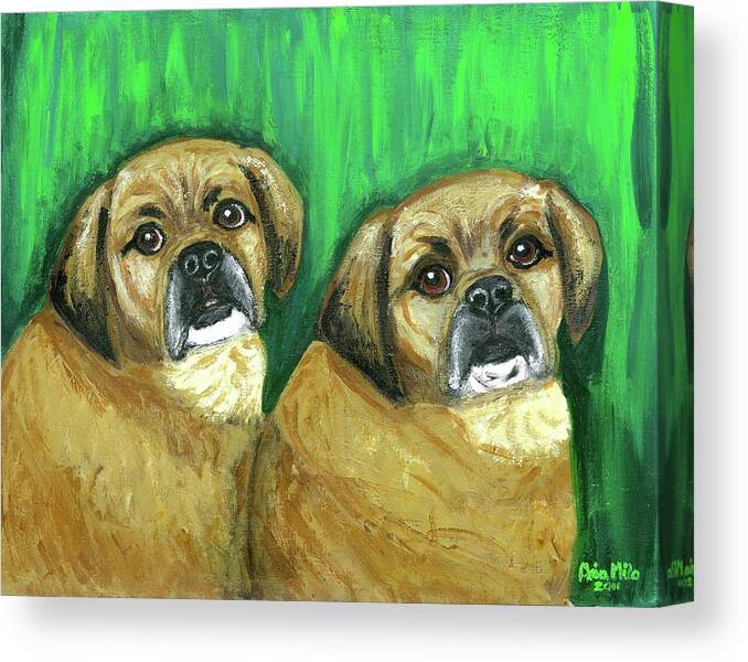 Dogs Paintings Canvas Print featuring the painting Puggles Bruno and Louie by Ania M Milo