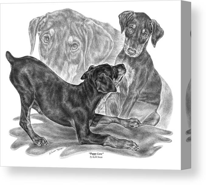 Black And Tan Doberman Canvas Print featuring the drawing Puppy Love - Doberman Pinscher Pup by Kelli Swan