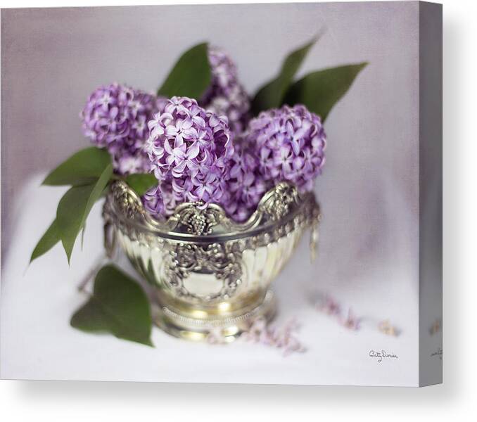 Purple Canvas Print featuring the photograph Purple Lilacs in Silver Bowl by Betty Denise