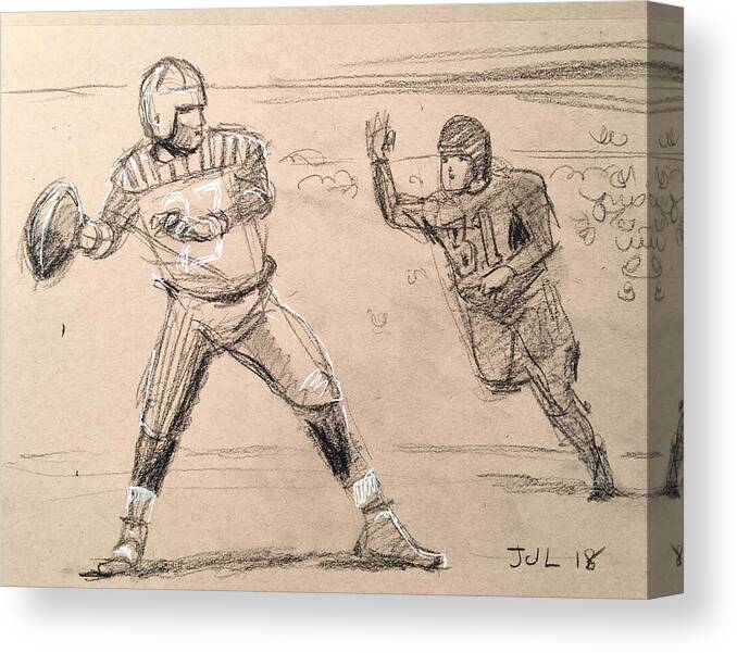 Vintagefootball Canvas Print featuring the drawing Quarterback Throwing by John DeLorimier