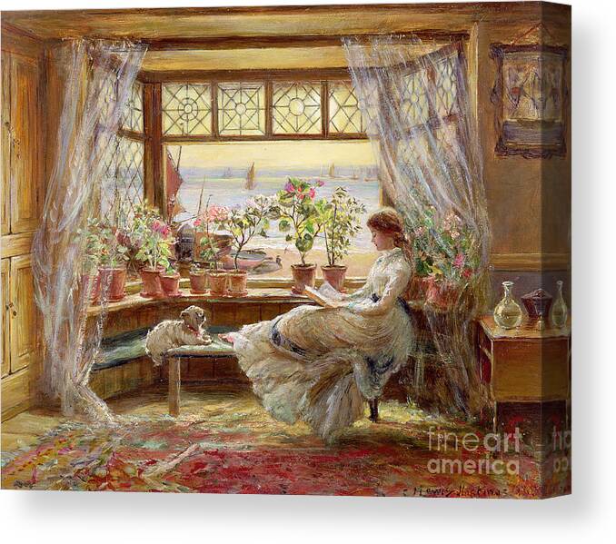 Dog Canvas Print featuring the painting Reading by the Window by Charles James Lewis