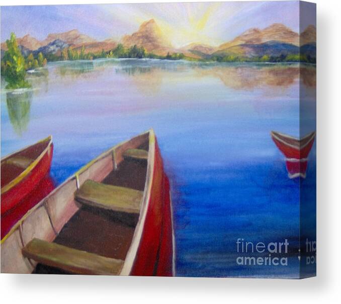 Landscape Canvas Print featuring the painting Red Boats at Sunrise by Saundra Johnson