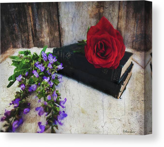Red Rose And Sage With Vintage Books Canvas Print featuring the photograph Red Rose and Sage With Vintage Books by Anna Louise