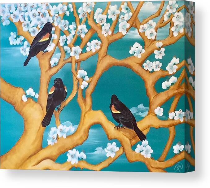 Black Birds Canvas Print featuring the painting Red Winged Black Bird Among Blue Blossoms by Renee Noel