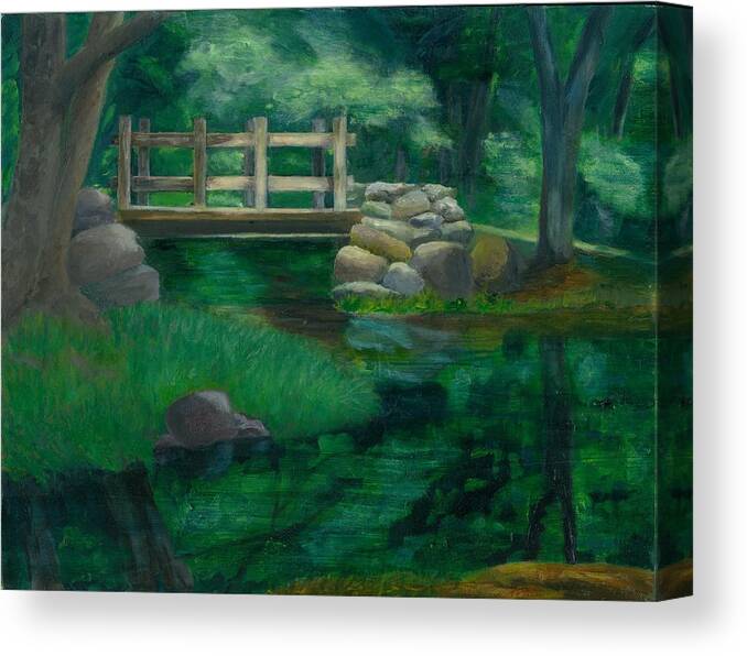 Summer Water Reflections Stream Bridge Landscape Rocks Green Park Canvas Print featuring the painting Reflections at Chatfield Hollow by Paula Emery