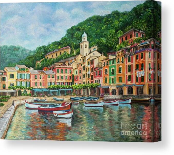 Portofino Italy Art Canvas Print featuring the painting Reflections Of Portofino by Charlotte Blanchard