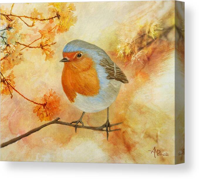 Robin Canvas Print featuring the painting Robin Among Flowers by Angeles M Pomata