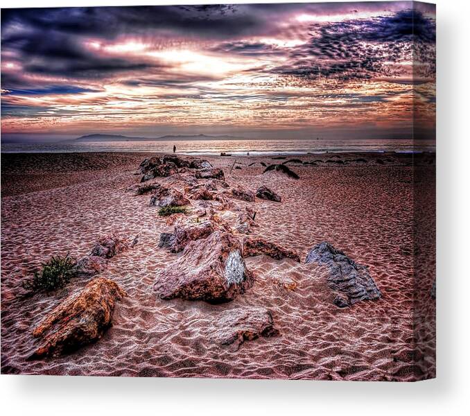 Sand Rock Sky Sunset Beach Water Ocean Canvas Print featuring the photograph Rocky Beach by Wendell Ward