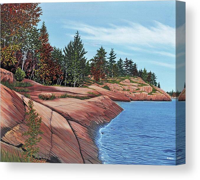 River Canvas Print featuring the painting Rocky River Shore by Kenneth M Kirsch