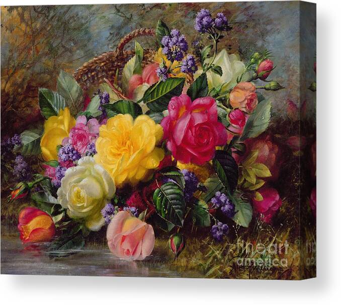 Rose; Flower; Reflection; Flowers; Pink; Yellow; White; Roses; Basket; Water; Grass; Grassy; Grassy Bank; Pond Canvas Print featuring the painting Roses by a Pond on a Grassy Bank by Albert Williams