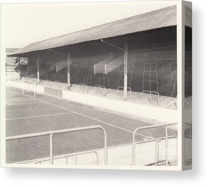  Canvas Print featuring the photograph Rotherham - Millmoor - Railway End 1 - BW - April 1970 by Legendary Football Grounds