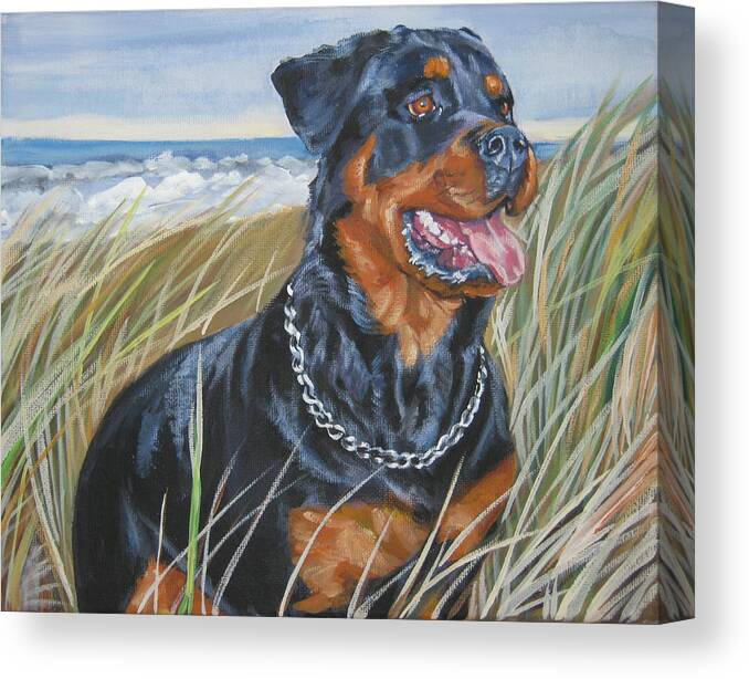 Rottweiler Canvas Print featuring the painting Rottweiler at the Beach by Lee Ann Shepard