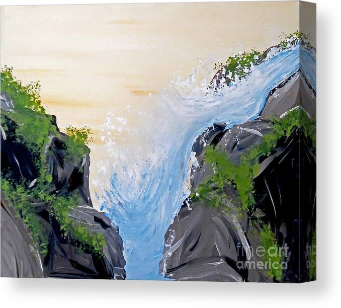 Waterfall Landscape Canvas Print featuring the painting Rushing Water by Jilian Cramb - AMothersFineArt