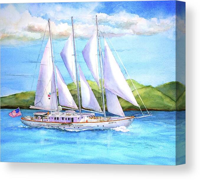 Luxury Yacht Canvas Print featuring the painting Sailing Yacht British Virgin Islands by Carlin Blahnik CarlinArtWatercolor