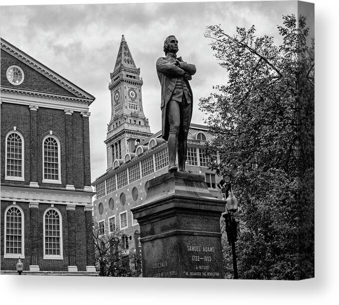 Samuel Canvas Print featuring the photograph Samuel Adams Statue Fanueil Hall Boston MA Black and White by Toby McGuire
