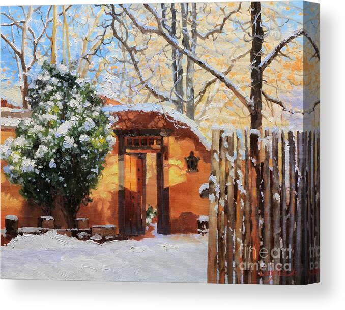 Winter Canvas Print featuring the painting Santa Fe adobe in winter snow by Gary Kim