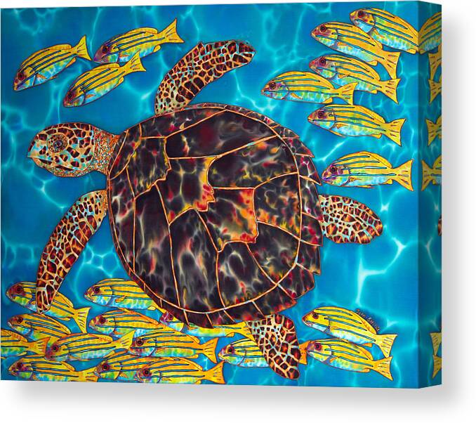 Sea Turtle Canvas Print featuring the painting Sea Turtle with Schooling Fish by Daniel Jean-Baptiste